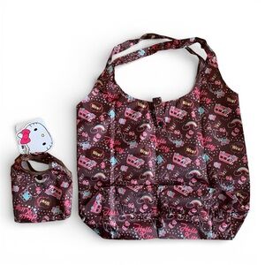 Sanrio Hello Kitty Foldable Reusable Shopping Tote Bag Brown Pink Hearts NWT